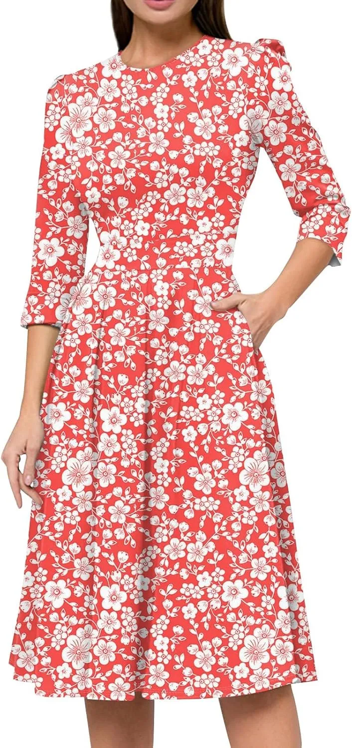 Women's Floral Print A-Line Midi Dress with 3/4 Sleeves Elegant Casual Wear for Spring and Summer Outings