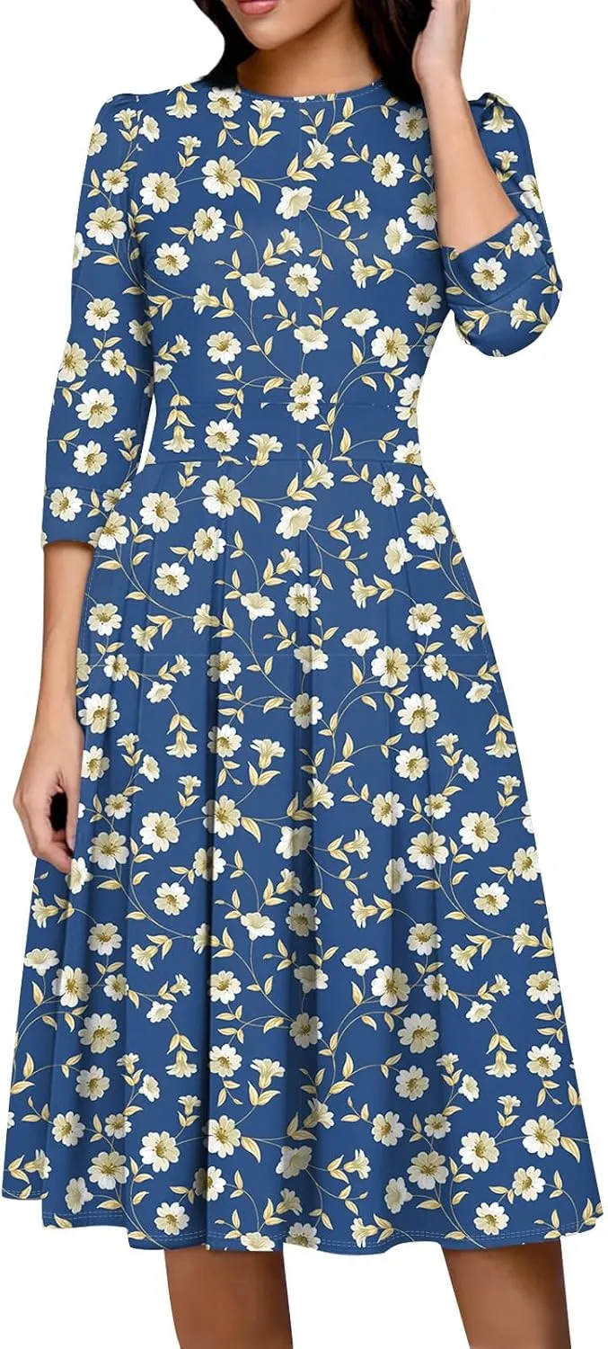 Women's Floral Print A-Line Midi Dress with 3/4 Sleeves Elegant Casual Wear for Spring and Summer Outings