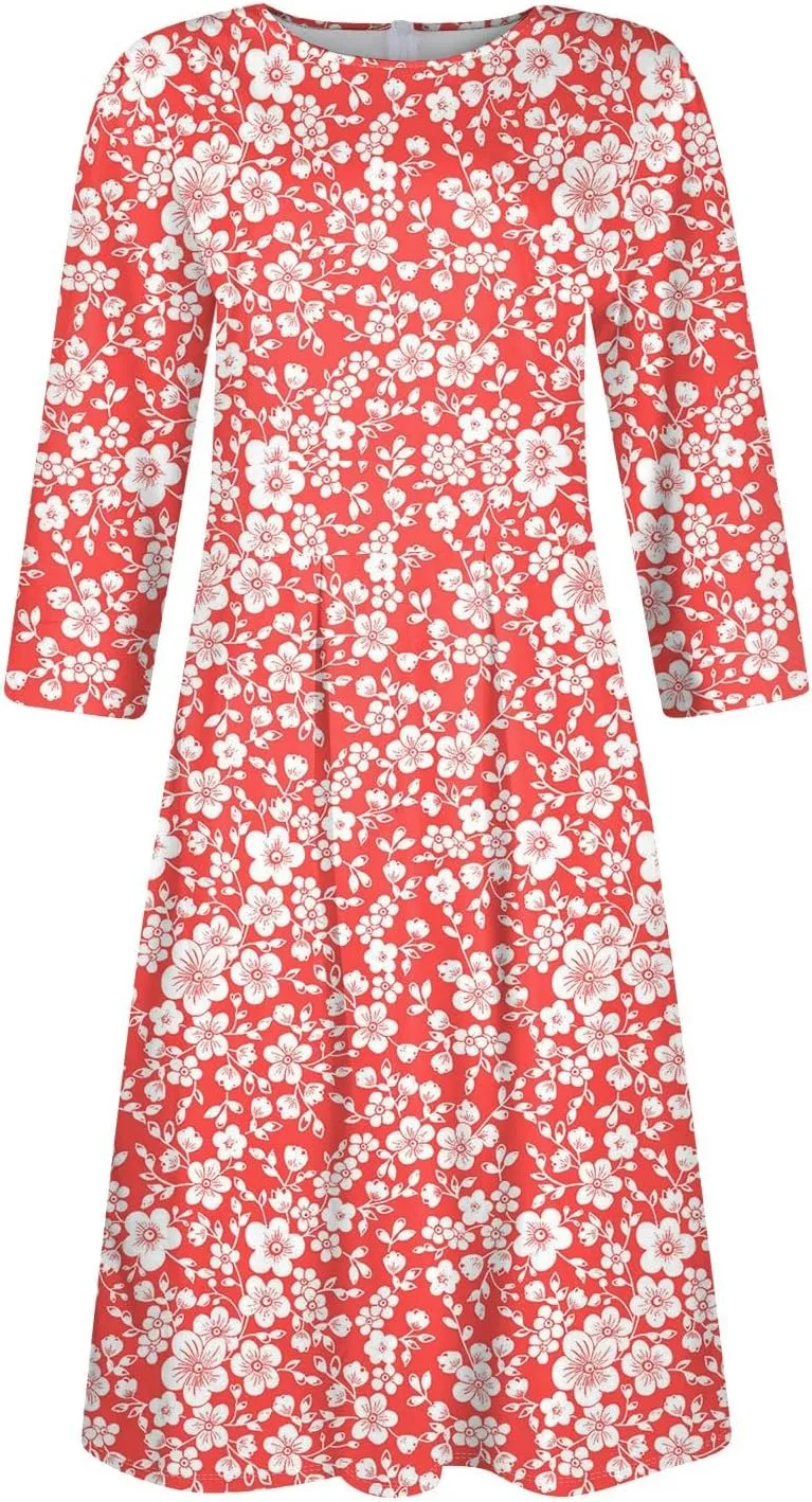 Women's Floral Print A-Line Midi Dress with 3/4 Sleeves Elegant Casual Wear for Spring and Summer Outings