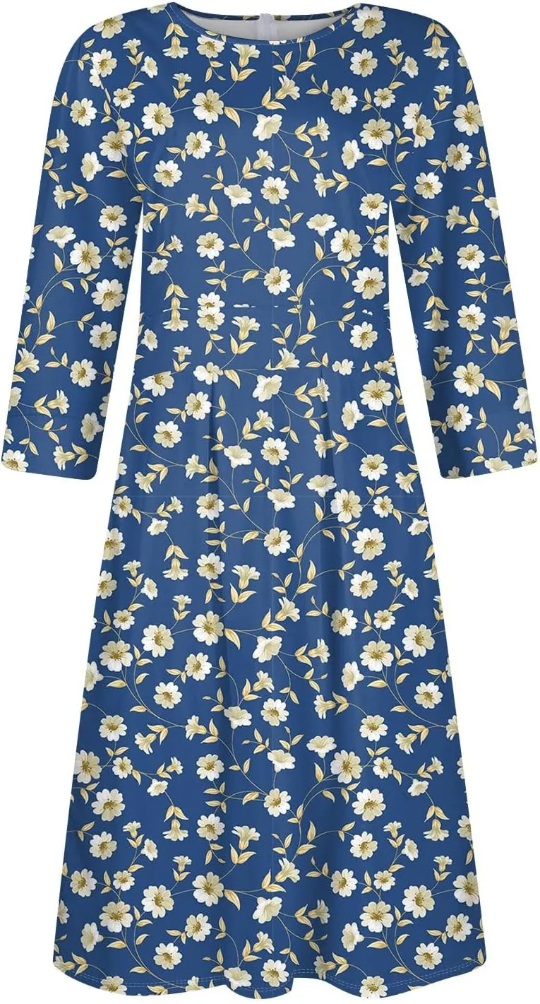 Women's Floral Print A-Line Midi Dress with 3/4 Sleeves Elegant Casual Wear for Spring and Summer Outings