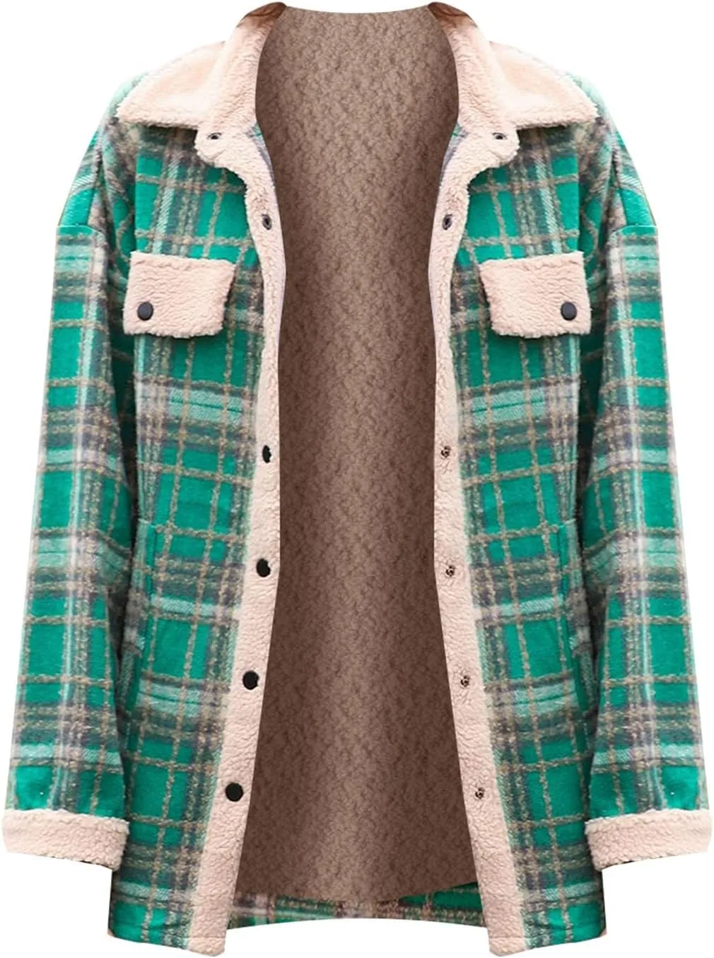 Women's Fuzzy Fleece Lined Jacket Flannel Sherpa Plaid Shacket Jackets Fall Winter Button Down Long Sleeve Coat