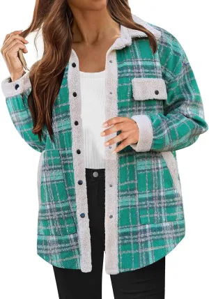 Women's Fuzzy Fleece Lined Jacket Flannel Sherpa Plaid Shacket Jackets Fall Winter Button Down Long Sleeve Coat