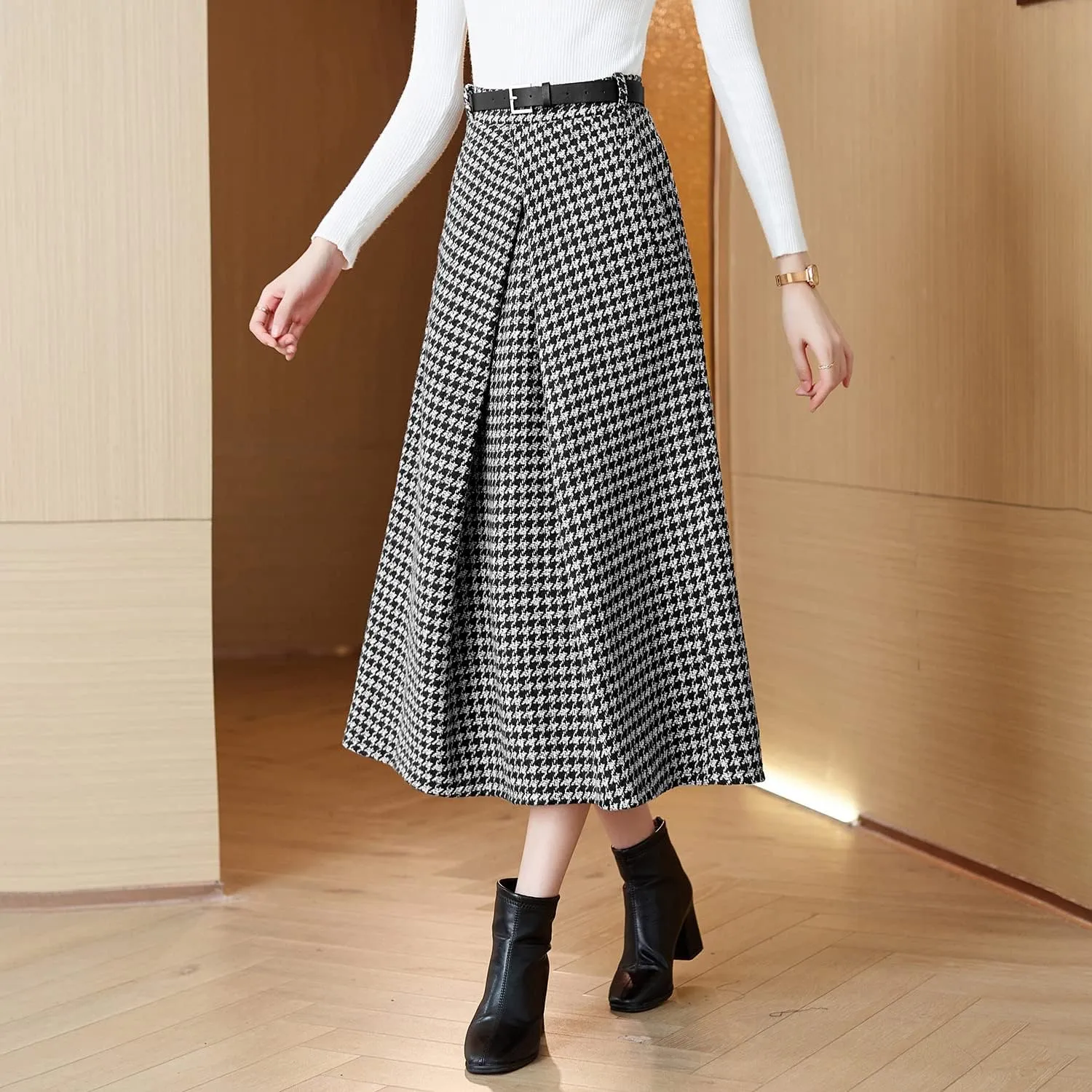 Womens High Elastic Waist Midi Pleated Skirt A-line Elegant Casual Winter Long Skirts