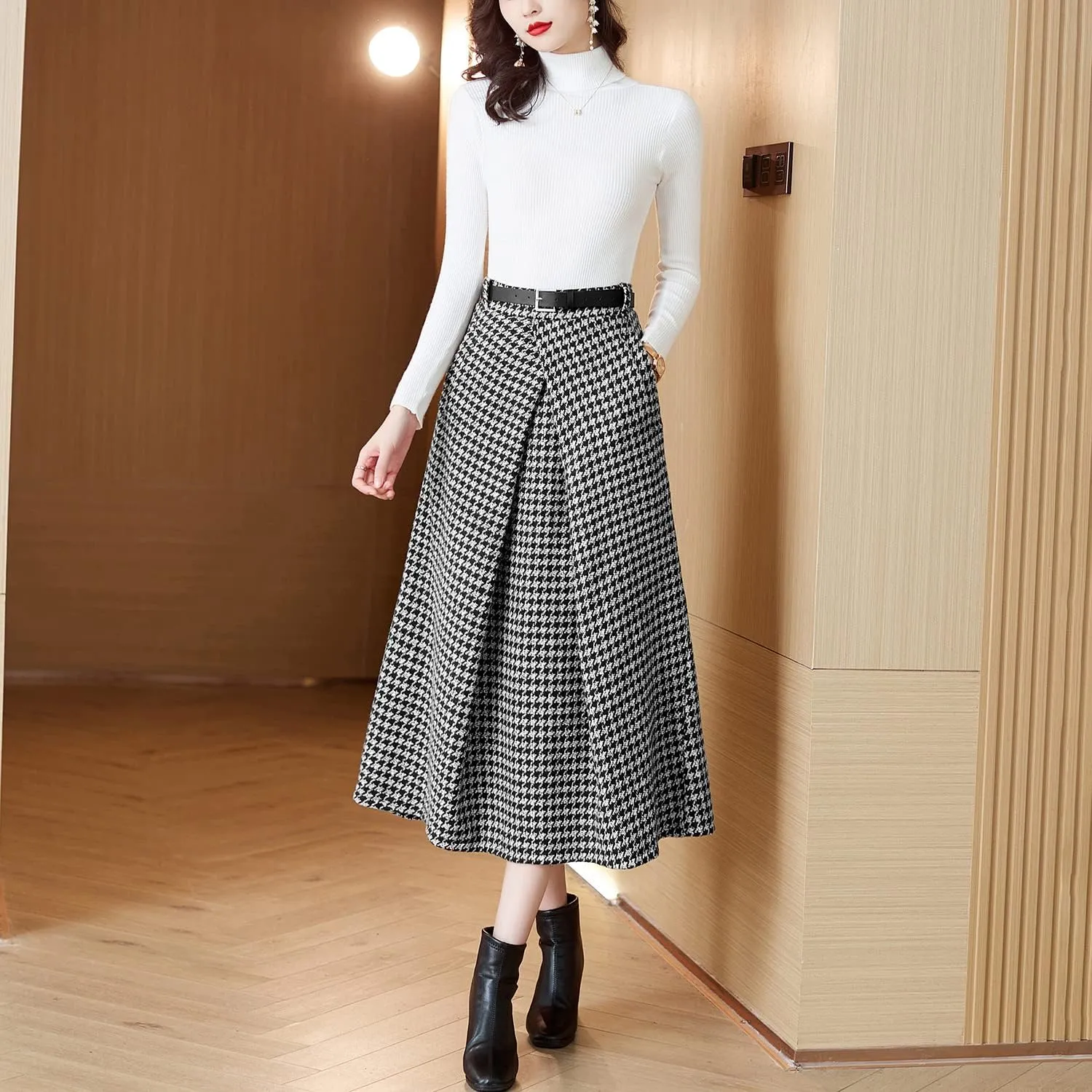 Womens High Elastic Waist Midi Pleated Skirt A-line Elegant Casual Winter Long Skirts