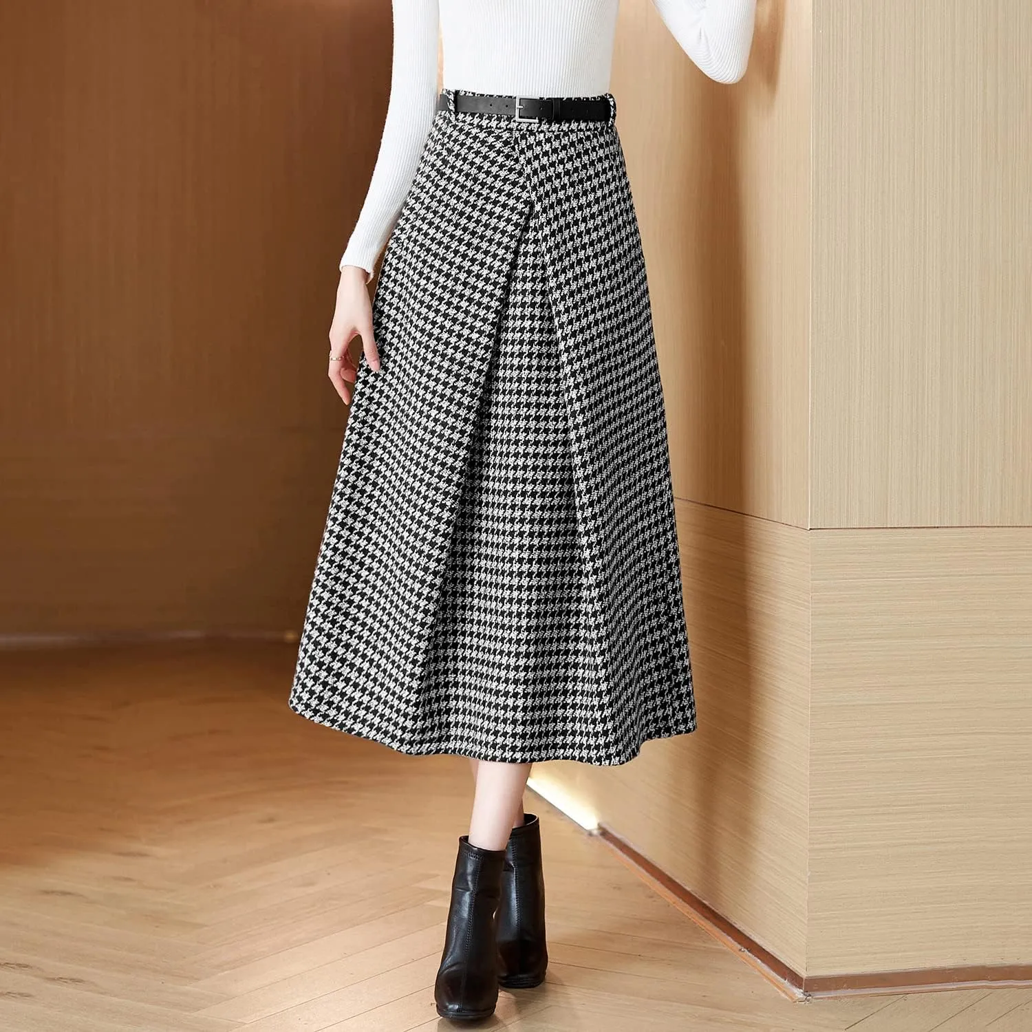 Womens High Elastic Waist Midi Pleated Skirt A-line Elegant Casual Winter Long Skirts