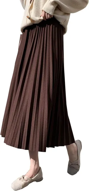 Womens High Elastic Waist Midi Pleated Skirt A-line Elegant Casual Winter Long Skirts