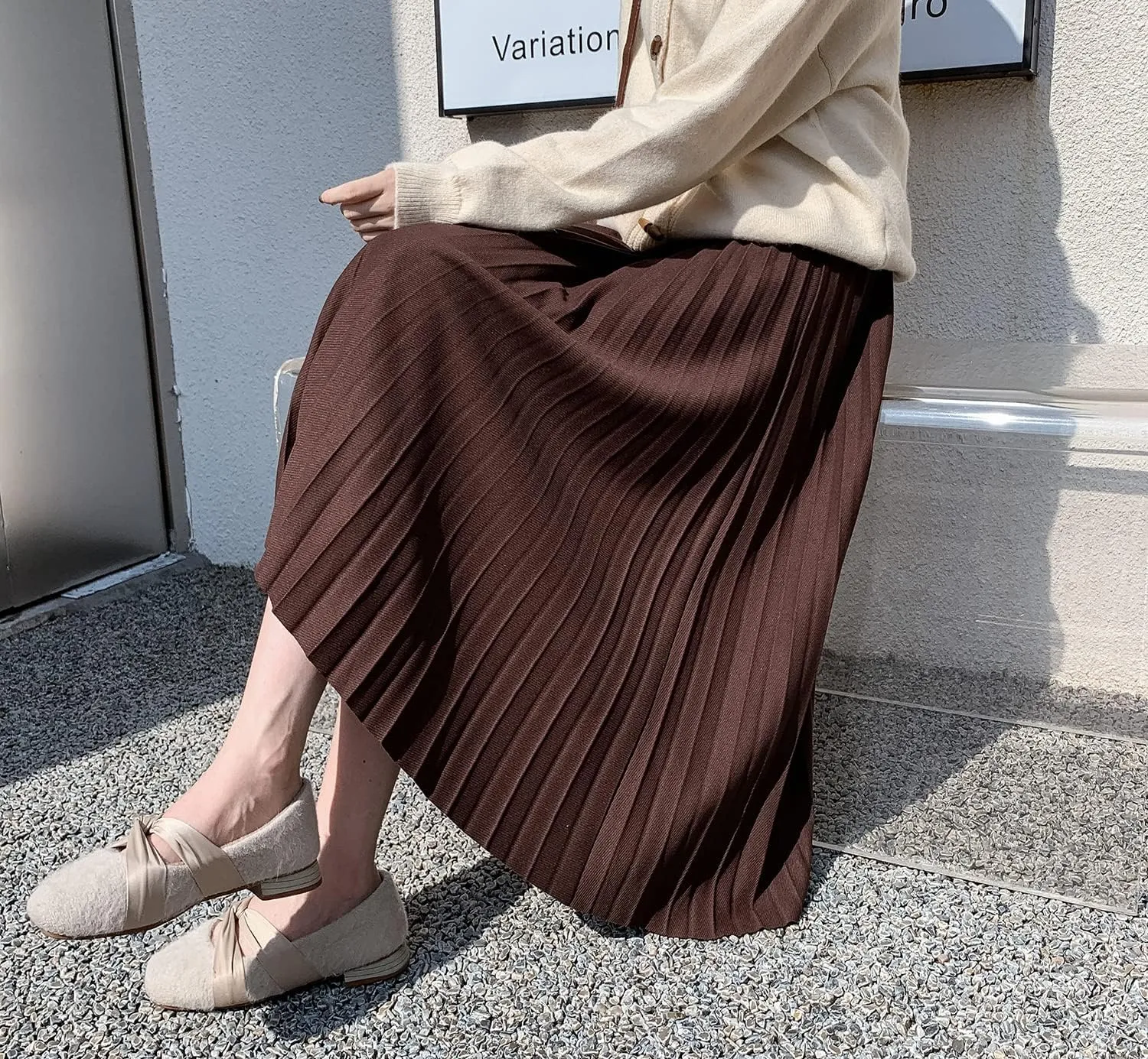 Womens High Elastic Waist Midi Pleated Skirt A-line Elegant Casual Winter Long Skirts