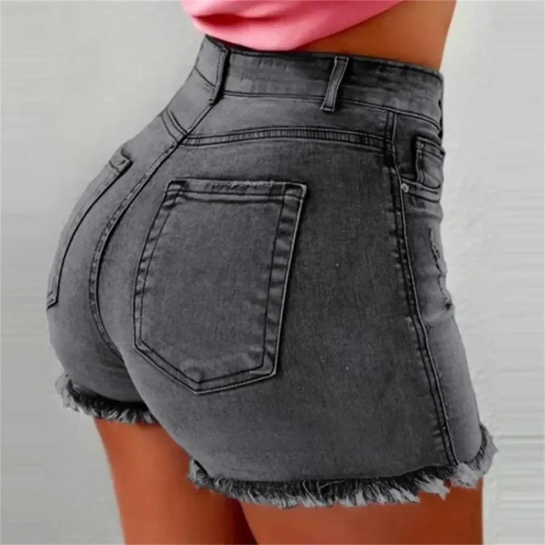 Women's High Waist Hot Pants Jeans Stretch Shorts Stretch Tassel Jeans