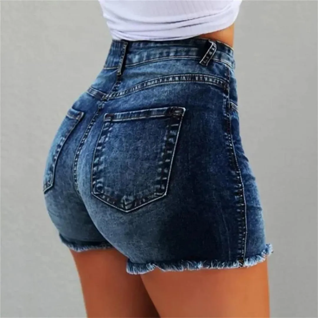Women's High Waist Hot Pants Jeans Stretch Shorts Stretch Tassel Jeans