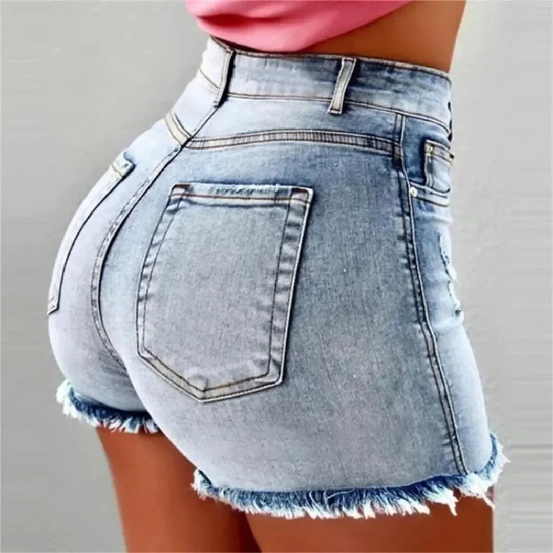 Women's High Waist Hot Pants Jeans Stretch Shorts Stretch Tassel Jeans