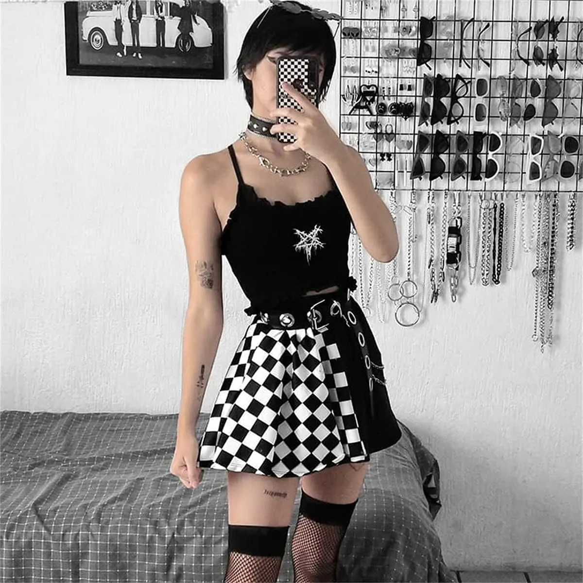 Womens High Waisted Goth Skirt Black Mini Skirts with Chain Short A-line Pleated School Tennis Dress