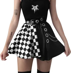 Womens High Waisted Goth Skirt Black Mini Skirts with Chain Short A-line Pleated School Tennis Dress