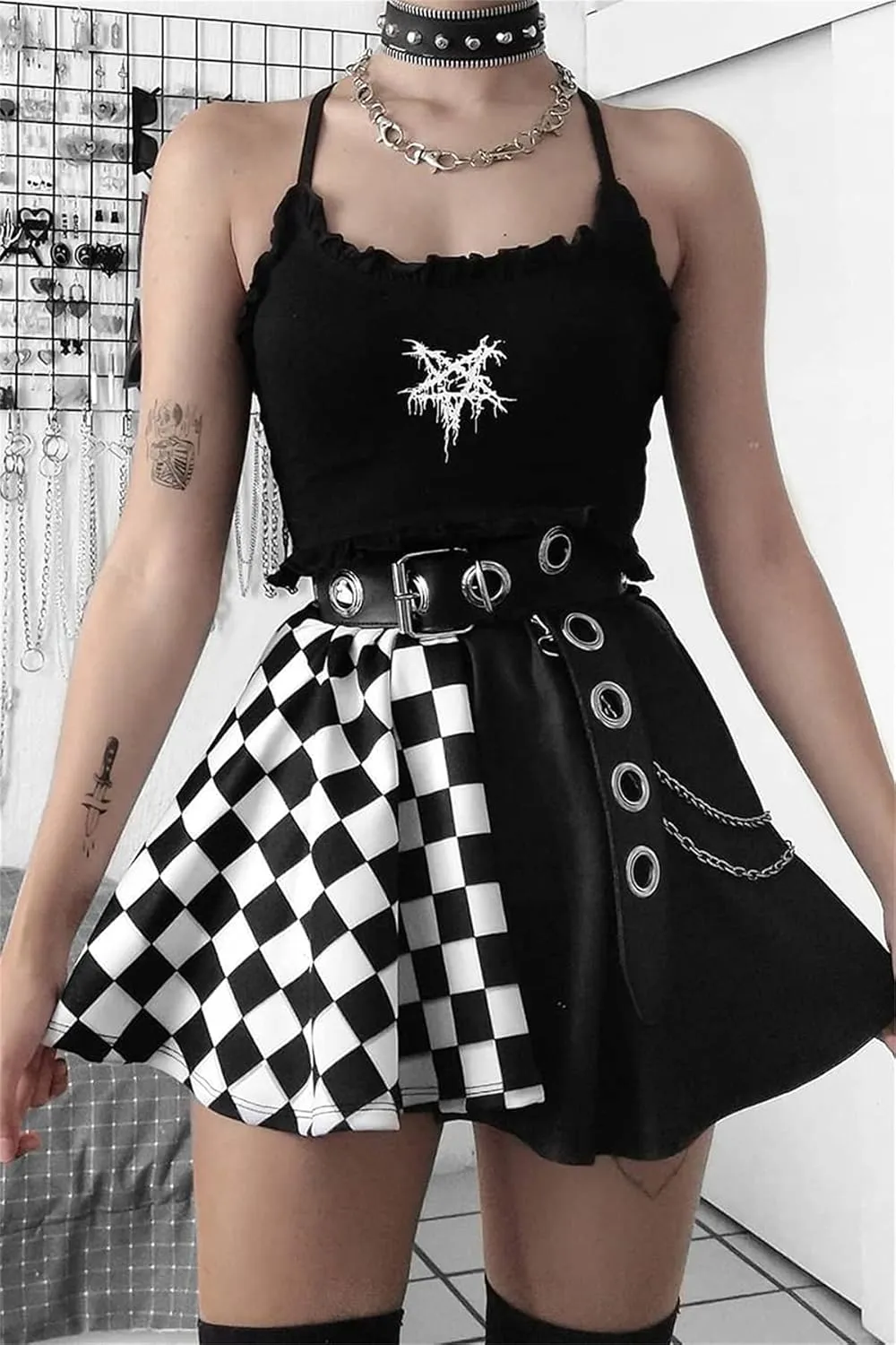 Womens High Waisted Goth Skirt Black Mini Skirts with Chain Short A-line Pleated School Tennis Dress