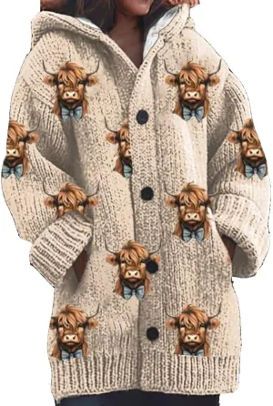 Womens Highland Cow Print Knitted Cardigan Casual Highland Cow Sweater Christmas Cow Cardigan for Women