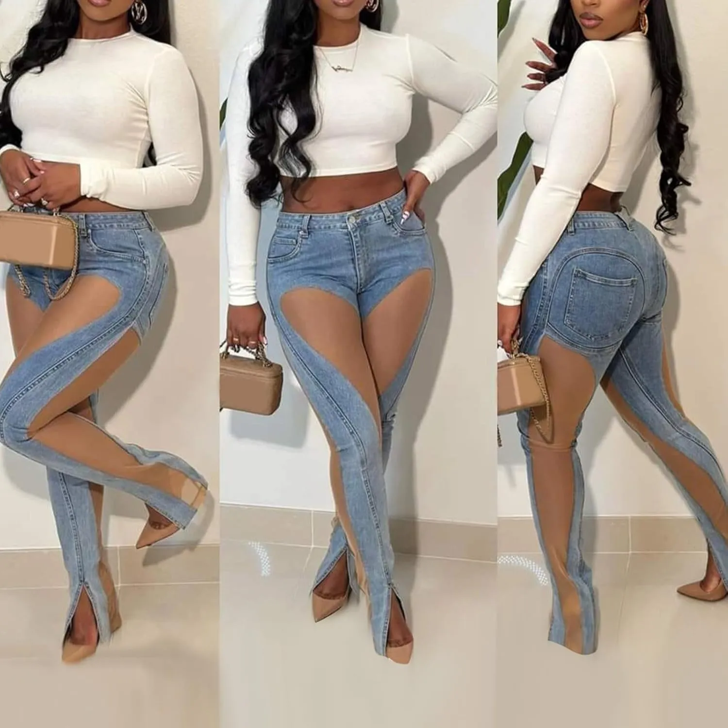 Women's Jeans Stitching Mesh See-Through Slim Fit Butt Lift Jeans Slit Hem Skinny Trousers Boyfriend Jeans, S-2XL
