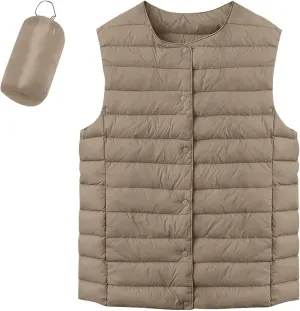Womens Lightweight Puffer Vest Packable Warm Winter Sleeveless Jacket Crew Neck Water Resistant Quilted Vest