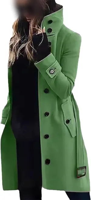 Women's Long Coat Notched Lapel Collar Double Breasted Pea Coat Winter Elegant Wool Blend Over Coats Jackets
