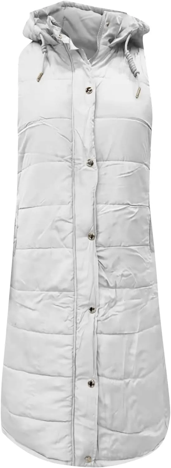 Womens Long Puffer Vest Winter Casual Sleeveless Full Zip Hooded Puffer Jacket Packable Lightweight Quilted Jacket Down Coats