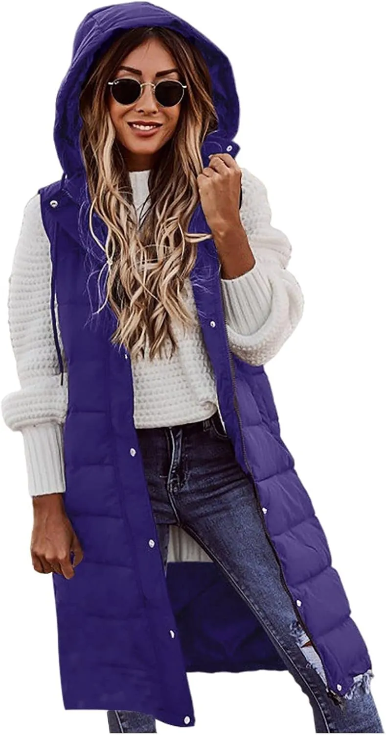 Womens Long Puffer Vest Winter Casual Sleeveless Full Zip Hooded Puffer Jacket Packable Lightweight Quilted Jacket Down Coats