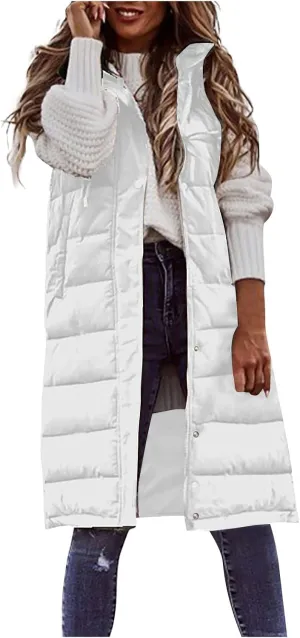 Womens Long Puffer Vest Winter Casual Sleeveless Full Zip Hooded Puffer Jacket Packable Lightweight Quilted Jacket Down Coats