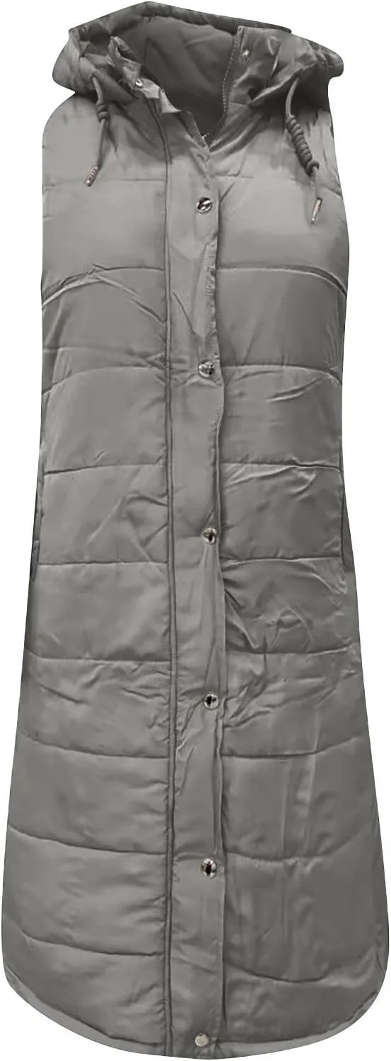 Womens Long Puffer Vest Winter Casual Sleeveless Full Zip Hooded Puffer Jacket Packable Lightweight Quilted Jacket Down Coats
