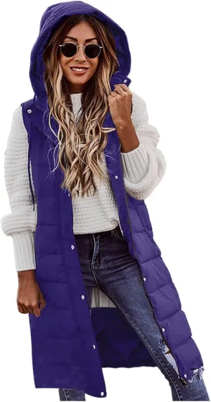 Womens Long Puffer Vest Winter Casual Sleeveless Full Zip Hooded Puffer Jacket Packable Lightweight Quilted Jacket Down Coats