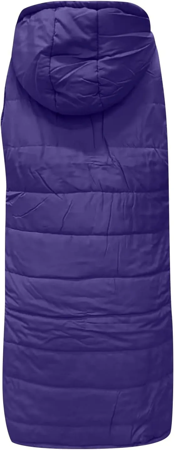 Womens Long Puffer Vest Winter Casual Sleeveless Full Zip Hooded Puffer Jacket Packable Lightweight Quilted Jacket Down Coats