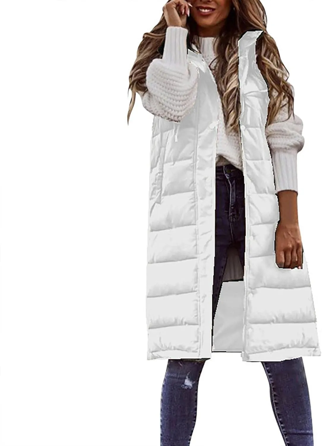 Womens Long Puffer Vest Winter Casual Sleeveless Full Zip Hooded Puffer Jacket Packable Lightweight Quilted Jacket Down Coats
