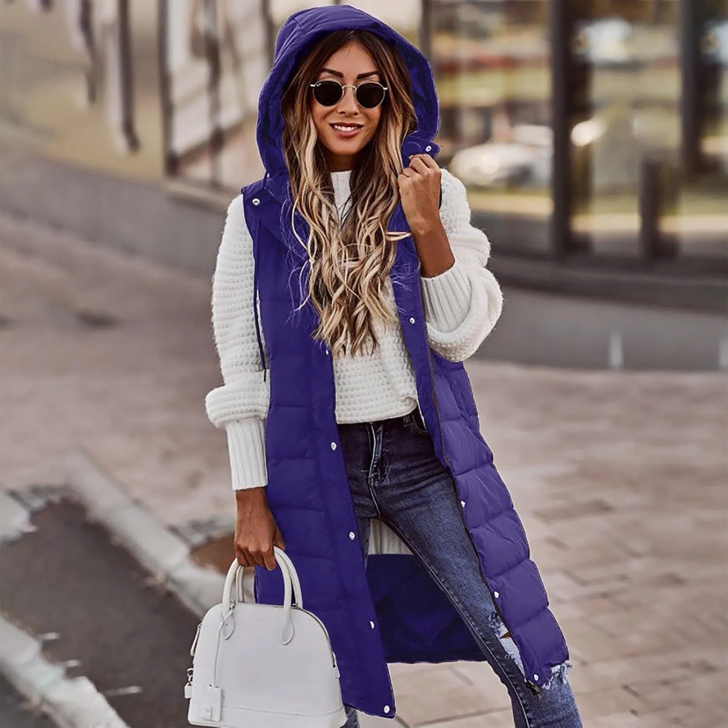 Womens Long Puffer Vest Winter Casual Sleeveless Full Zip Hooded Puffer Jacket Packable Lightweight Quilted Jacket Down Coats