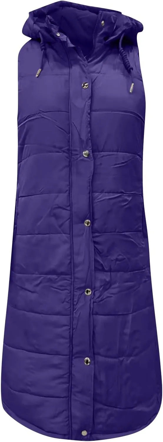 Womens Long Puffer Vest Winter Casual Sleeveless Full Zip Hooded Puffer Jacket Packable Lightweight Quilted Jacket Down Coats