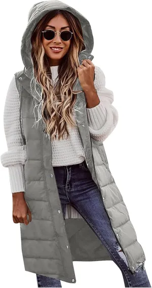 Womens Long Puffer Vest Winter Casual Sleeveless Full Zip Hooded Puffer Jacket Packable Lightweight Quilted Jacket Down Coats