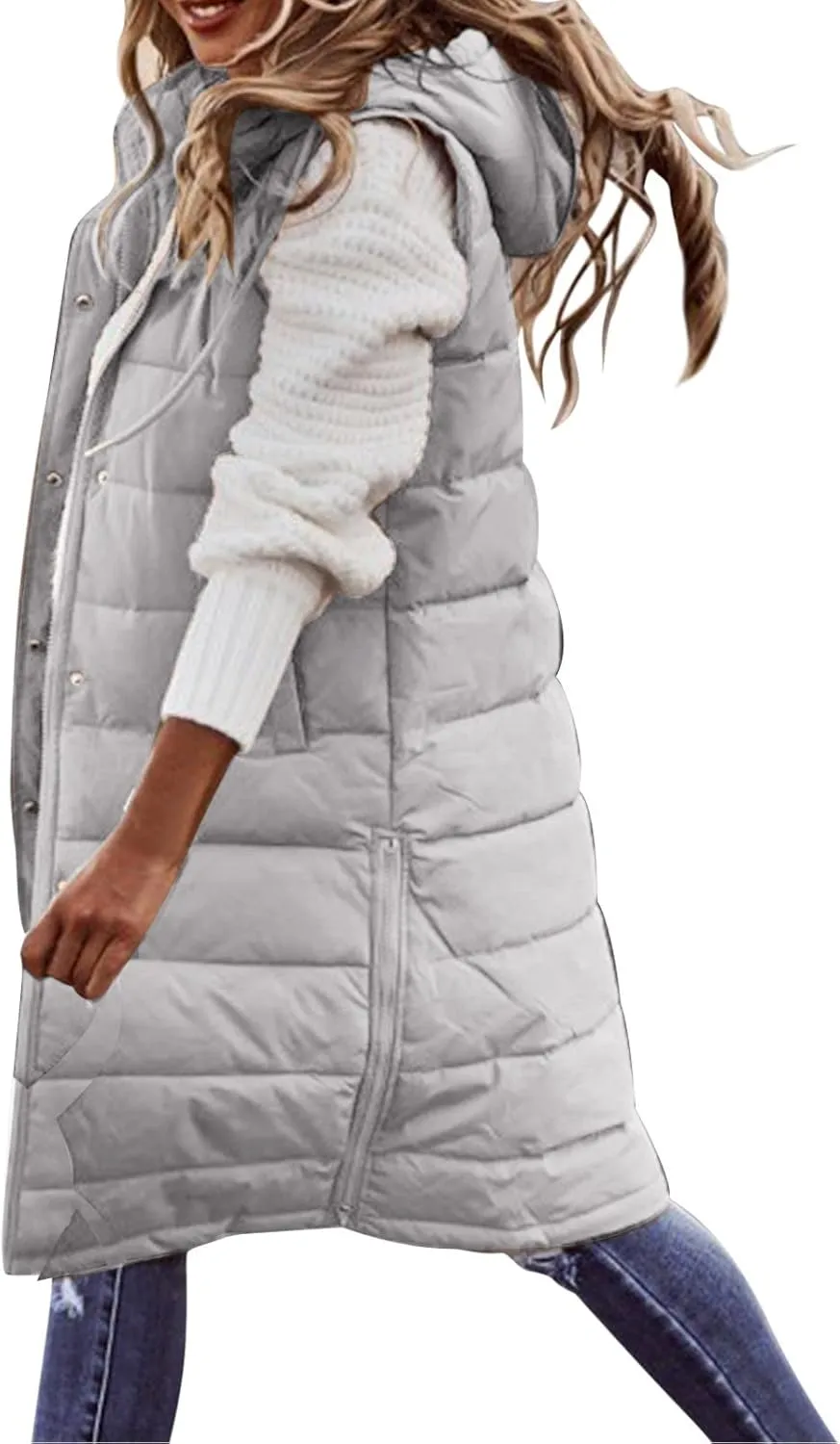 Womens Mid Length Puffer Vest Winter 2023 Drawstring with Hood Classic Light Weight Down Vests Western Padded Warm