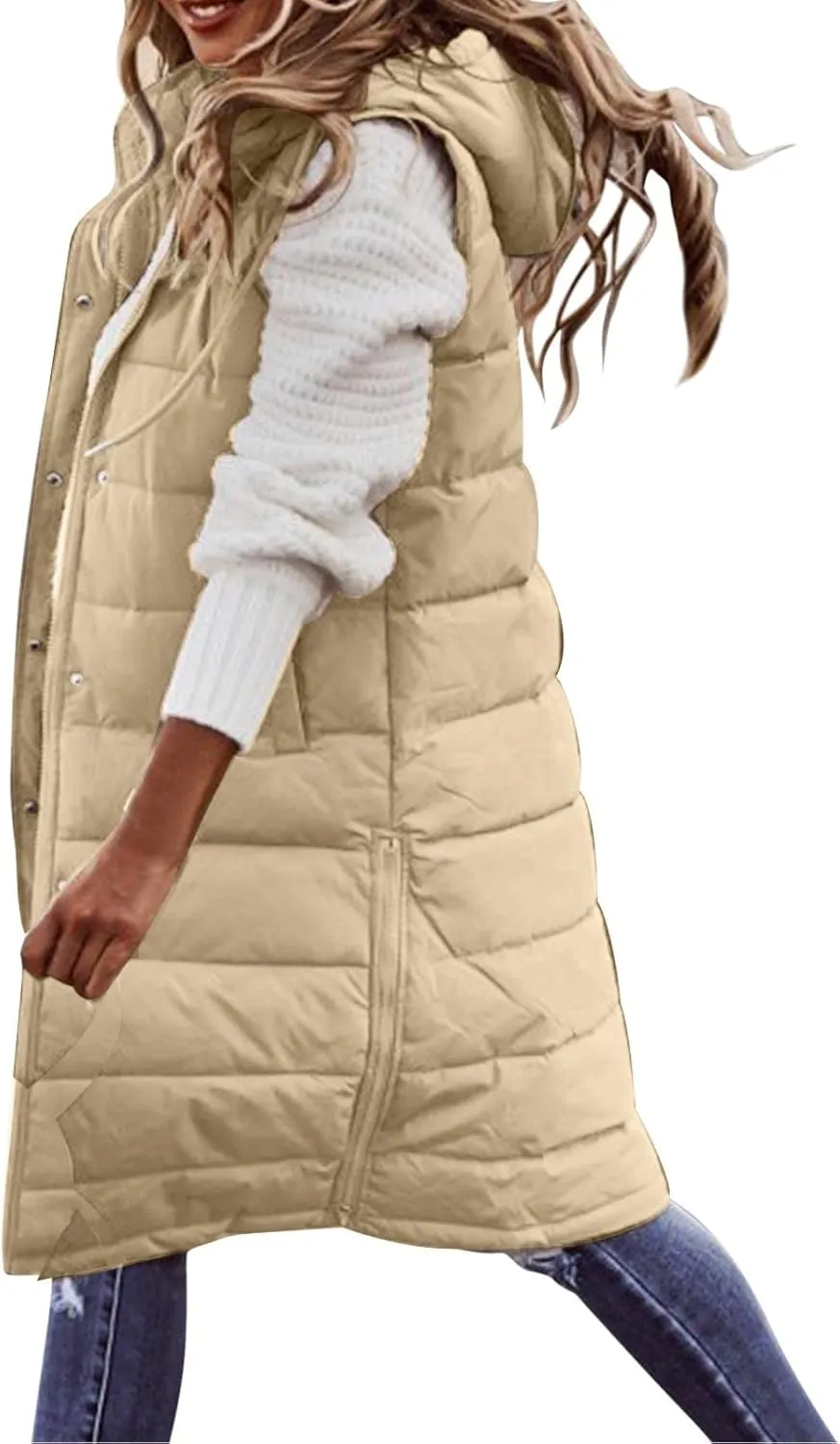 Womens Mid Length Puffer Vest Winter 2023 Drawstring with Hood Classic Light Weight Down Vests Western Padded Warm