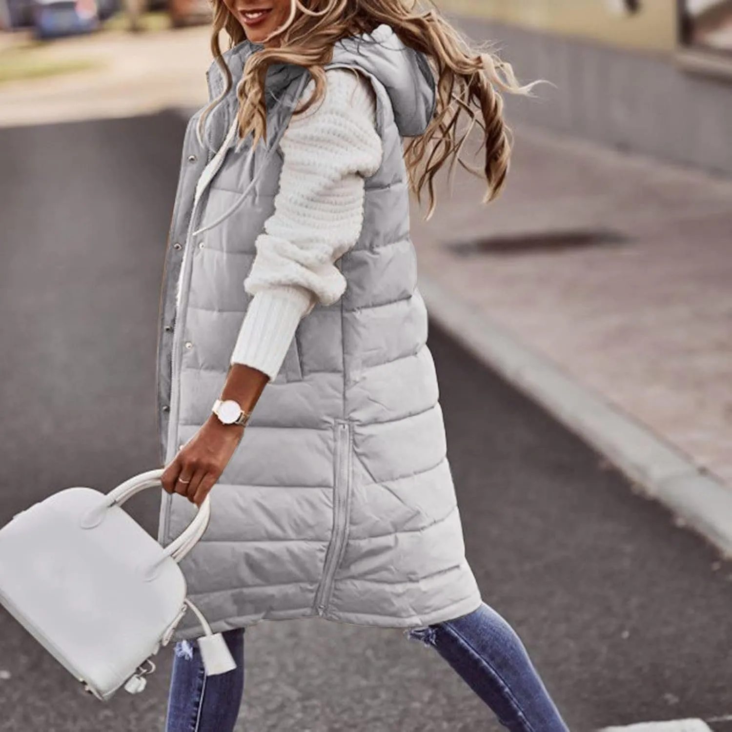 Womens Mid Length Puffer Vest Winter 2023 Drawstring with Hood Classic Light Weight Down Vests Western Padded Warm