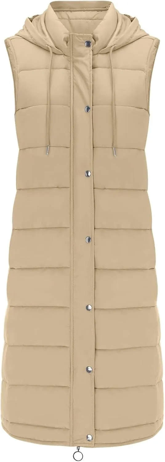 Womens Mid Length Puffer Vest Winter 2023 Drawstring with Hood Classic Light Weight Down Vests Western Padded Warm