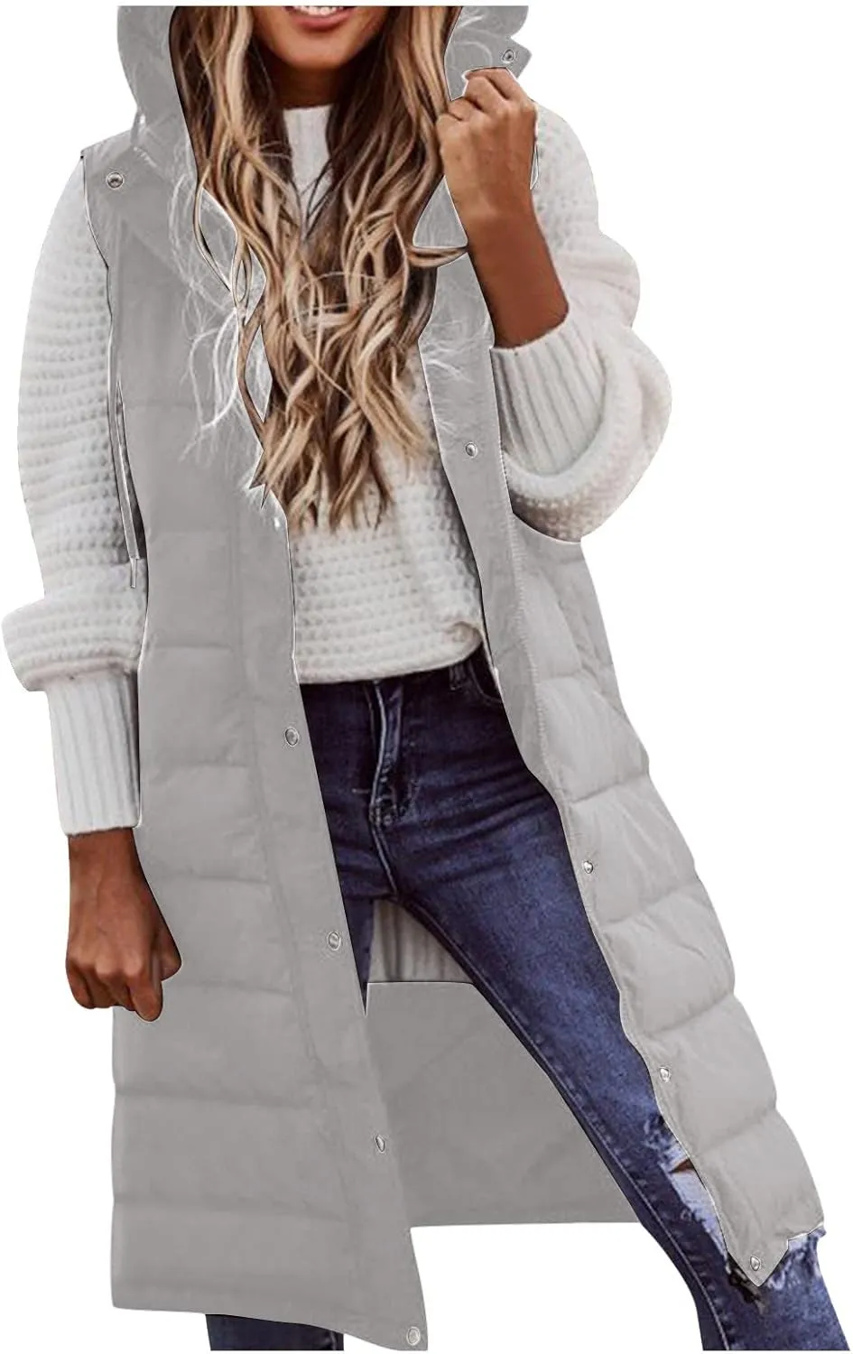 Womens Mid Length Puffer Vest Winter 2023 Drawstring with Hood Classic Light Weight Down Vests Western Padded Warm