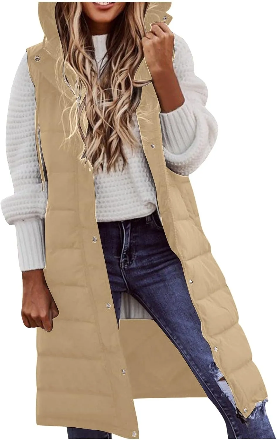 Womens Mid Length Puffer Vest Winter 2023 Drawstring with Hood Classic Light Weight Down Vests Western Padded Warm