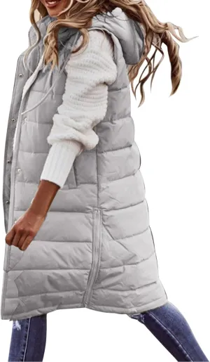 Womens Mid Length Puffer Vest Winter 2023 Drawstring with Hood Classic Light Weight Down Vests Western Padded Warm
