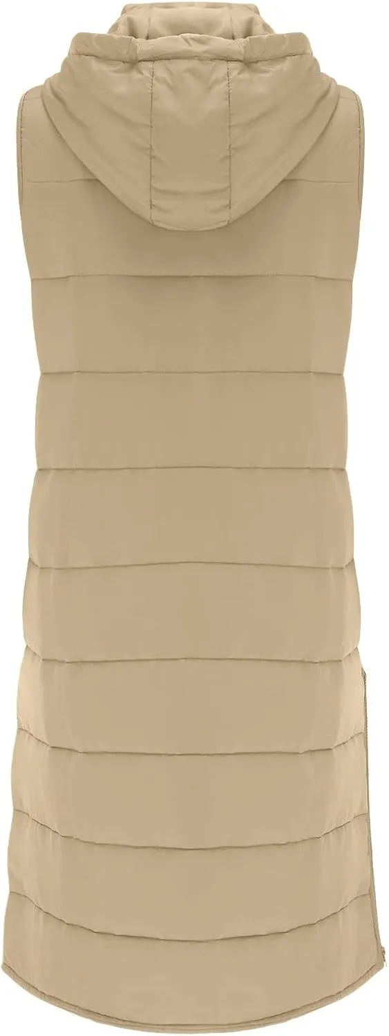 Womens Mid Length Puffer Vest Winter 2023 Drawstring with Hood Classic Light Weight Down Vests Western Padded Warm