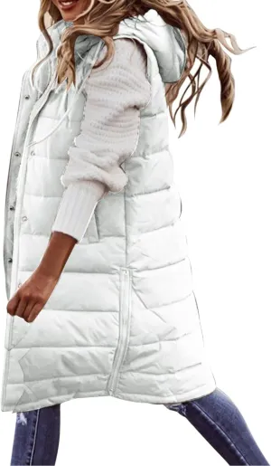 Womens Mid Length Puffer Vest Winter 2023 Drawstring with Hood Classic Light Weight Down Vests Western Padded Warm