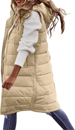 Womens Mid Length Puffer Vest Winter 2023 Drawstring with Hood Classic Light Weight Down Vests Western Padded Warm