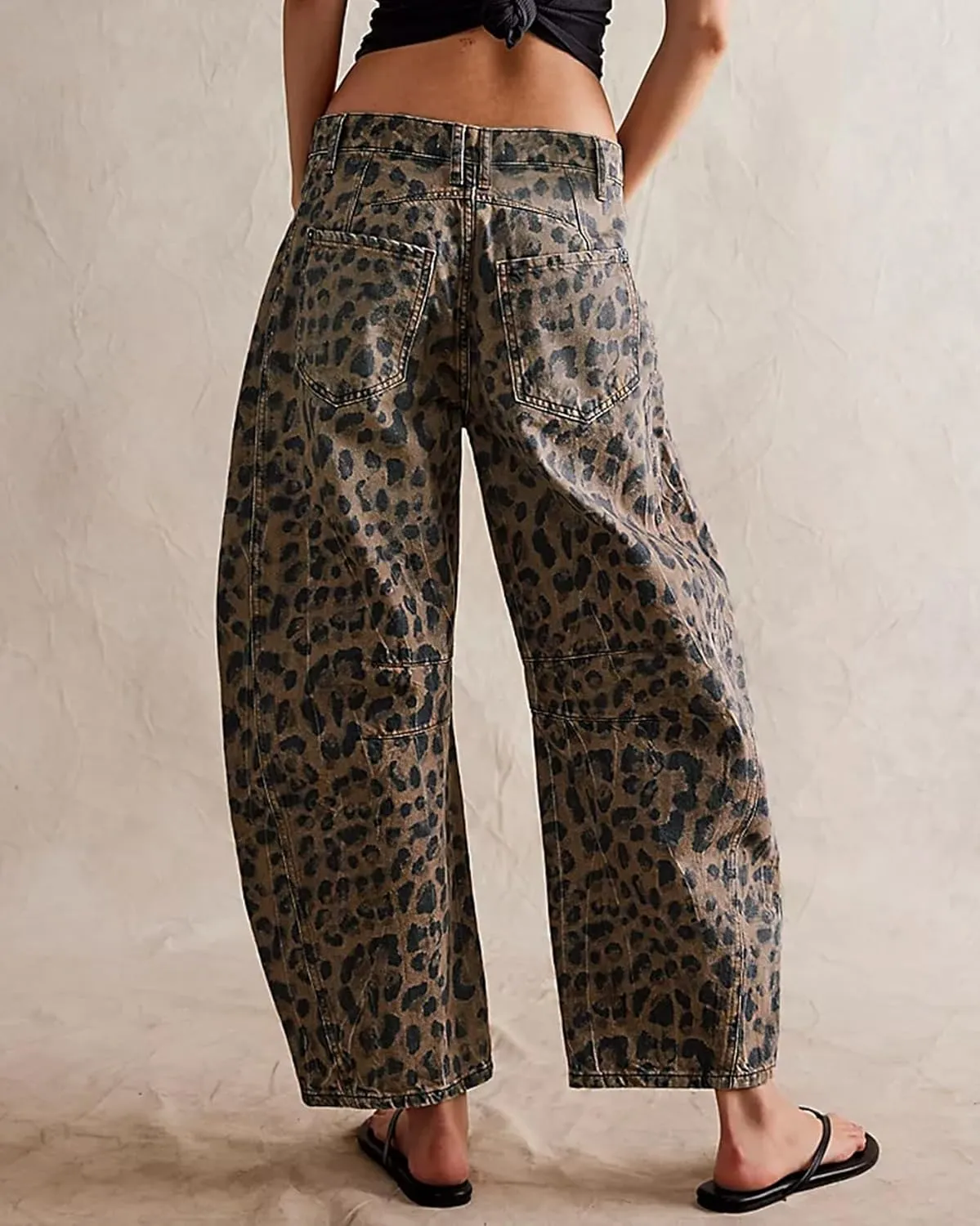 Women's Mid Rise Barrel Jeans Leopard Printed Baggy Wide Leg Cropped Jeans Casual Denim Ankle Pants Boyfriend Jeans