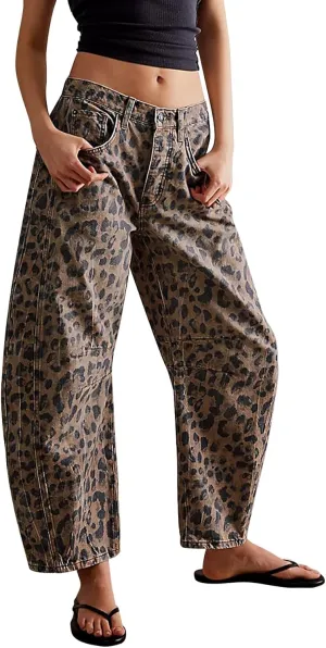 Women's Mid Rise Barrel Jeans Leopard Printed Baggy Wide Leg Cropped Jeans Casual Denim Ankle Pants Boyfriend Jeans