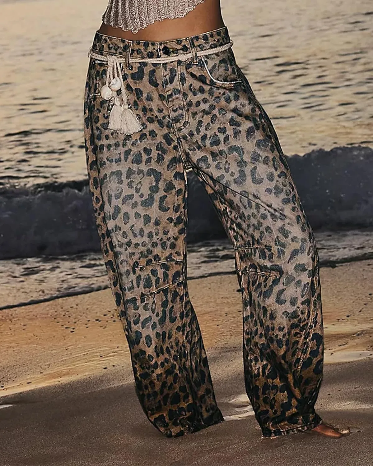 Women's Mid Rise Barrel Jeans Leopard Printed Baggy Wide Leg Cropped Jeans Casual Denim Ankle Pants Boyfriend Jeans