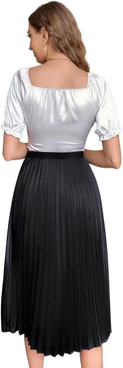 Womens Midi Skirt High Waist Solid Pleated Loose Skirt Elegant Casual For Women