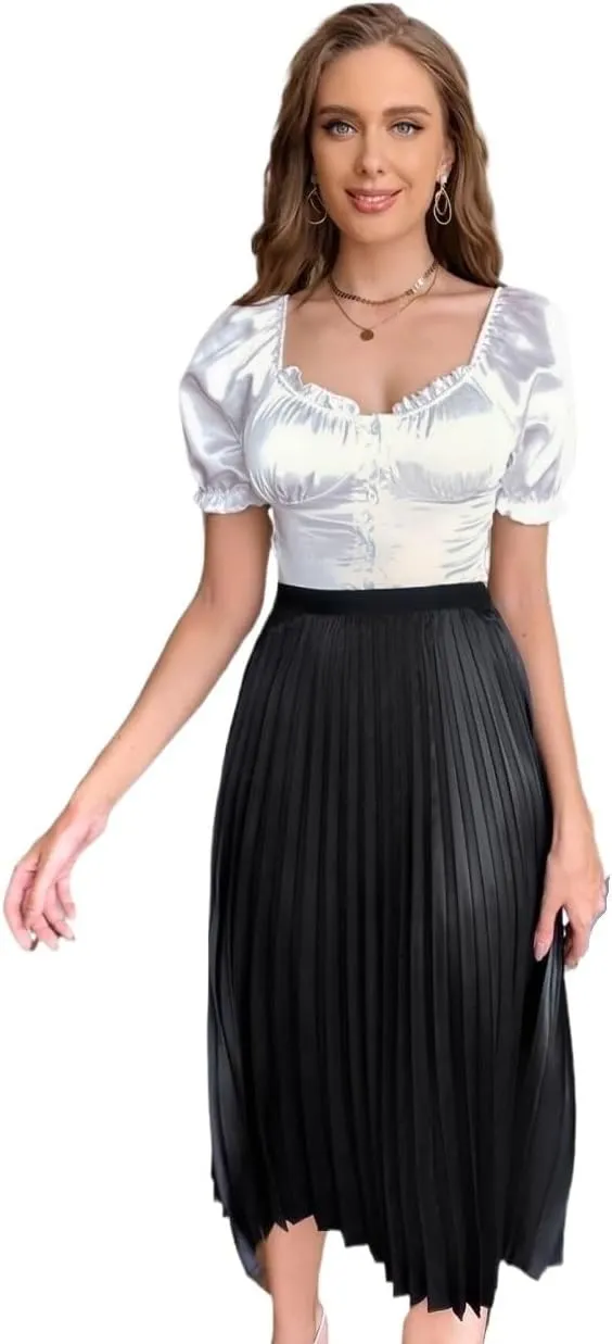 Womens Midi Skirt High Waist Solid Pleated Loose Skirt Elegant Casual For Women