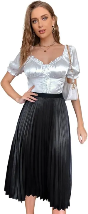 Womens Midi Skirt High Waist Solid Pleated Loose Skirt Elegant Casual For Women