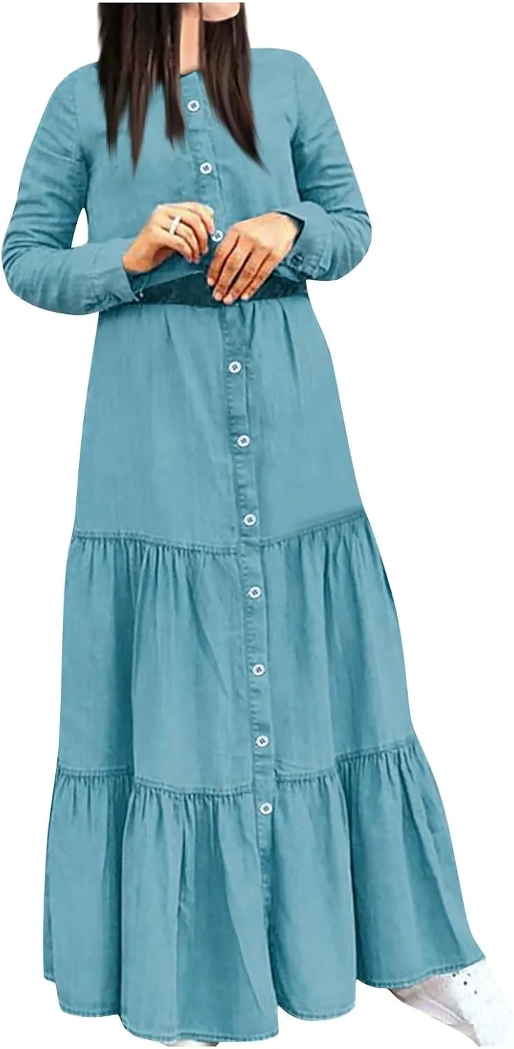 Women's Plaid Maxi Dress Button Up Tiered Ruffle Flowy Dresses Long Dresses Plus Size Elegant Casual Boho Shirt Dress