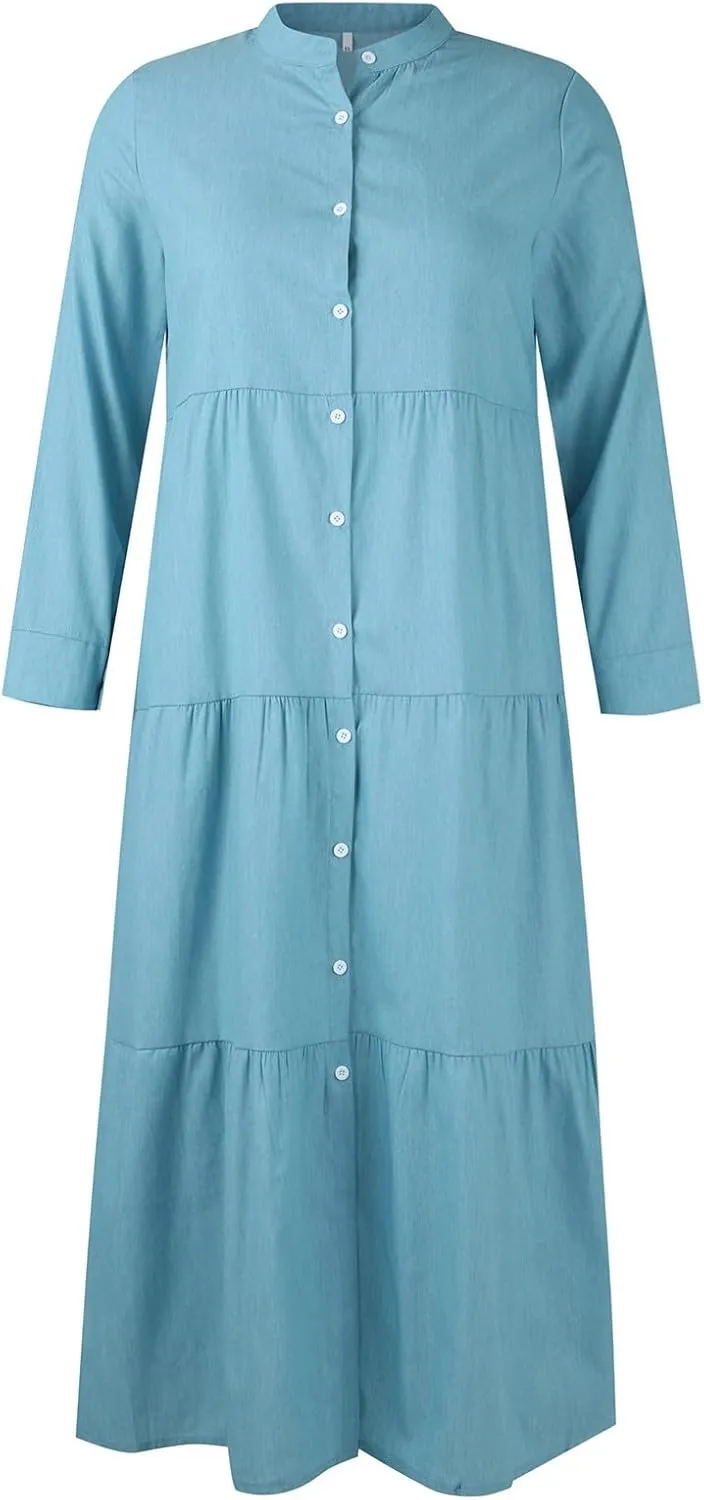 Women's Plaid Maxi Dress Button Up Tiered Ruffle Flowy Dresses Long Dresses Plus Size Elegant Casual Boho Shirt Dress