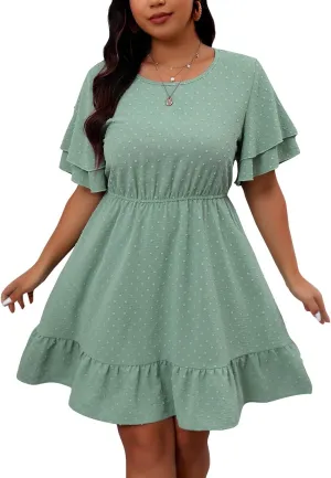 Women's Plus Size Summer Dress Swiss Dot Wrap Ruffle Sleeve Tiered Midi Dress Elegant Casual A-Line Pleated Sundress